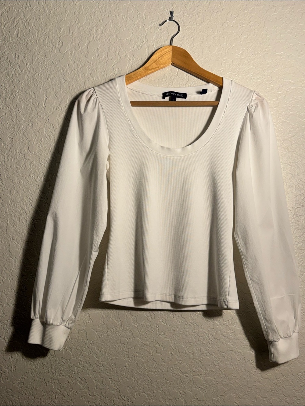 Veronica Beard Anabel Puff Sleeve Top White Mixed Media Ribbed Poplin sz S